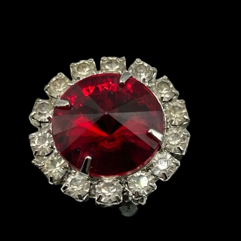 Vintage Intense Red Rivoli Clear Rhinestone Large Clip Earrings
